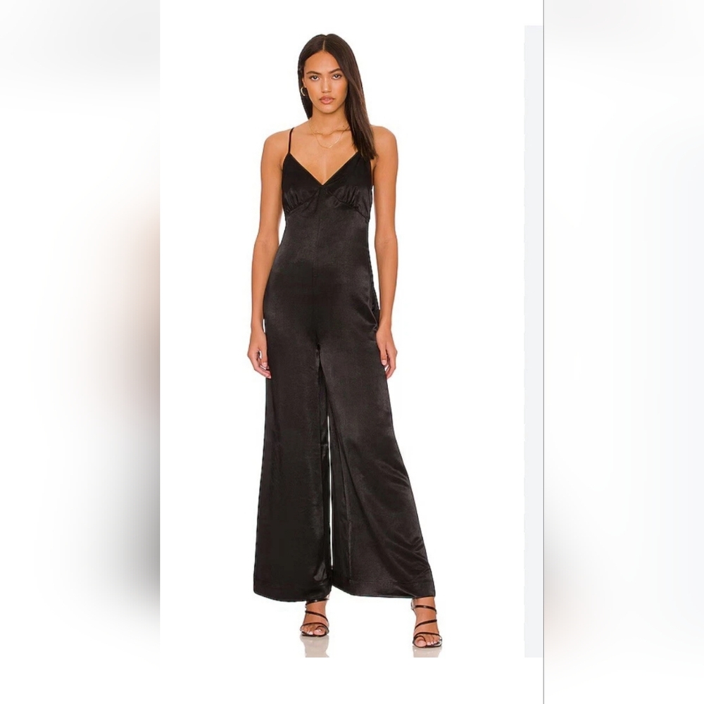 We Wore What - Sleek Black Satin Spaghetti-Strap Jumpsuit - Size L